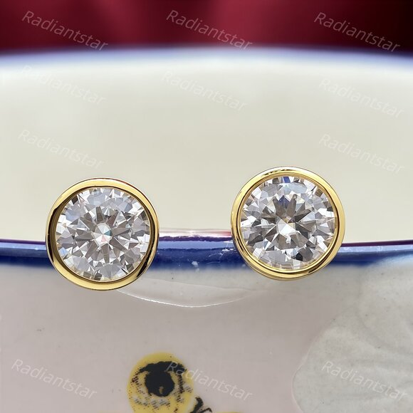NEW Certified 2ct. t.w. Moissanite Gold Bezel Set Stud Earrings